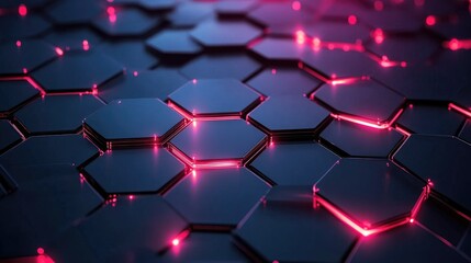 Poster - Abstract Hexagonal Surface with Glowing Red Lights and Reflective Metallic Texture, Perfect for Technology and Science Background or Futuristic Concepts