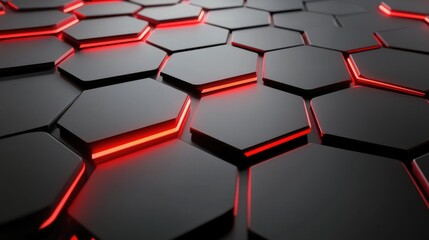 Poster - Futuristic Hexagonal Pattern with Illuminated Red Lines on a Dark Surface Perfect for Technology, Backgrounds, and Graphic Design Projects