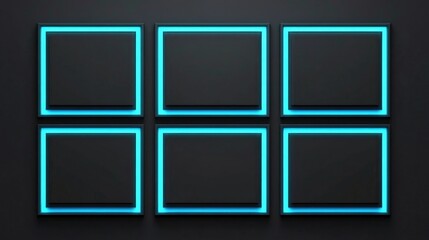 Aufkleber - Six Framed Rectangles with Neon Blue Edge Lights on a Black Wall for Modern Art Display and Creative Design Concepts