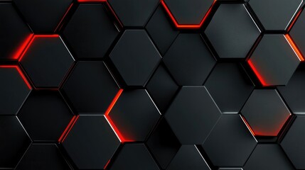Poster - Abstract background featuring a seamless pattern of hexagonal shapes in black and red colors, illustrating modern technology, design, and digital aesthetics in a visually striking manner.