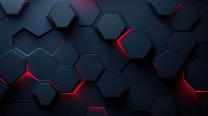 Poster - Abstract geometric background featuring hexagonal shapes with glowing red accents on a dark textured surface, suitable for technology, gaming, or modern design projects.