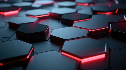 Poster - Abstract geometric pattern with glowing red hexagons on a dark surface for modern design concepts, technology backgrounds, and creative projects in digital media.
