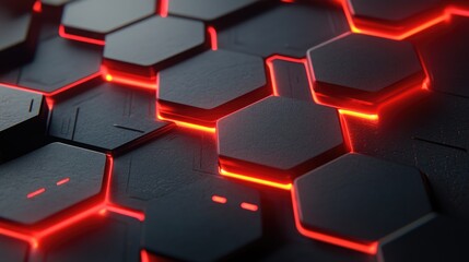 Poster - Abstract close-up of a futuristic dark hexagonal pattern with vibrant red glowing edges, showcasing a modern digital design suitable for technology and innovation themes.