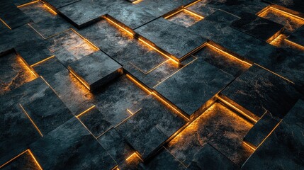 Poster - Abstract Background of Dark Textured Tiles with Glowing Golden Lines Creating a Modern Futuristic Appearance Ideal for Technology and Design Concepts