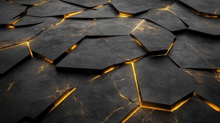 Poster - Dark Cracked Surface with Glowing Golden Lines, Geometric Pattern, Abstract Texture for Background Use in Digital and Print Media
