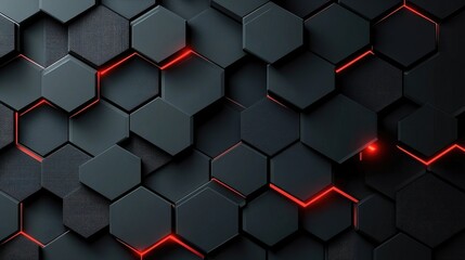 Poster - Abstract background featuring a modern hexagonal pattern with a mix of matte and textured surfaces illuminated by subtle red lighting accents for a dynamic look