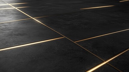 Poster - Elegant Dark Tile Floor with Subtle Golden Lines and Textured Surface, Ideal for Modern Interior Designs and Contemporary Architecture