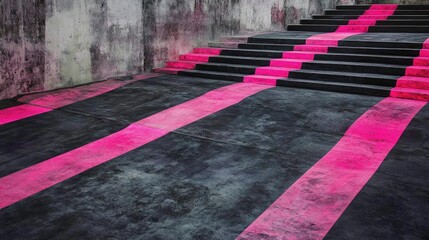 Poster - Abstract Urban Landscape Featuring Striking Pink Patterns on Stairs with Textured Walls and Industrial Style Background Creating a Modern Artistic Vibe