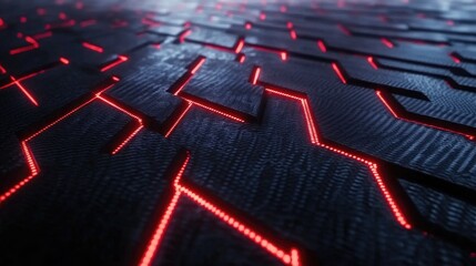 Poster - Futuristic Abstract Background with Glowing Red Lines on Dark Textured Surface, Ideal for Technology or Sci-Fi Themes, Seamless Pattern and Digital Design Applications
