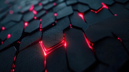 Poster - Abstract black hexagonal texture with glowing red lines creating a futuristic and modern design suitable for technology, background, or digital concepts