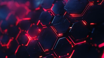 Poster - Futuristic Hexagonal Pattern with Neon Red Lights on Dark Surface, Abstract Background Design for Technology and Digital Art Applications