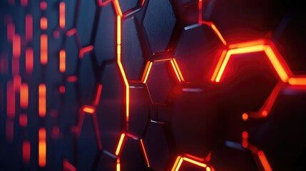 Poster - Abstract background featuring a futuristic hexagonal pattern with glowing red neon lines, creating a visually striking and modern design ideal for technology and innovation themes.