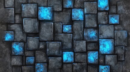 Poster - Abstract Textured Background with Dark Stone Blocks and Glowing Blue Elements for Creative Design Projects and Digital Artwork Applications