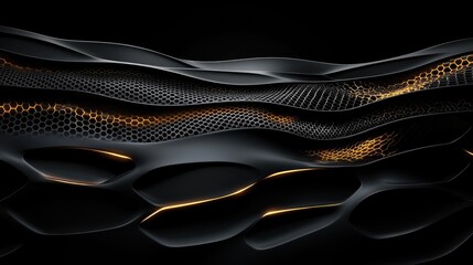 Poster - Abstract black and gold waves with textured surfaces, featuring honeycomb patterns and illuminated lines for modern design backgrounds and technology concepts