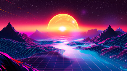 Wall Mural - A retro-futuristic landscape with a large sun rising over mountains and a grid pattern in the foreground.