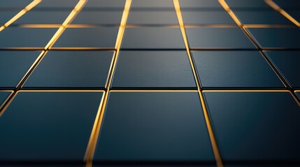 Poster - Close-Up View of a Modern Textured Surface with Golden Grid Lines Intersecting Dark Square Tiles, Perfect for Abstract Backgrounds and Design Projects