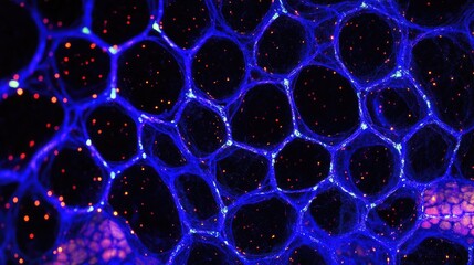 Poster - Intricate Blue Cellular Structures Illuminated in a Microscopic View of Organic Tissue Exhibiting Vibrant Patterns and Complex Textures Under a Dark Background