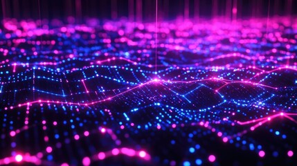 Poster - Abstract Digital Landscape with Vibrant Blue and Pink Lights Creating a Futuristic Aesthetic in a High-Tech Environment for Stock Photography