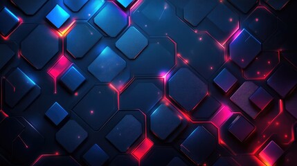 Poster - Abstract futuristic background with glowing hexagonal and square shapes in red and blue tones, perfect for modern designs, technology visuals, and tech-based projects