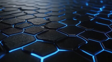 Poster - Futuristic Hexagonal Pattern with Glowing Blue Lines on Dark Surface, Modern Technology Background for Innovations and Design Concepts