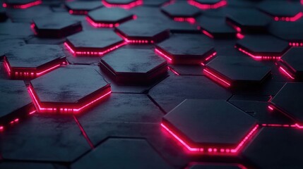 Poster - Abstract Geometric Pattern of Hexagonal Tiles with Neon Pink Lighting for Background or Technology Inspired Designs