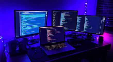 Poster - A desk with three monitors and a laptop, all displaying lines of code. The room is dimly lit with purple and blue lighting