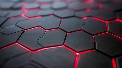 Poster - Abstract Hexagonal Pattern with Glowing Red Lines on a Black Surface, Creating a Futuristic and Dynamic Background Ideal for Technology and Design Projects