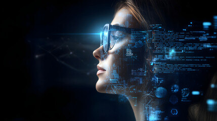 Female IT specialist learns to analyze code and data technology, cyber security, impact of artificial intelligence augmented reality, side profile, copy space. AI generation	