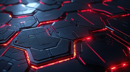 Poster - Futuristic Hexagonal Textures with Glowing Red Lines Ideal for Sci-Fi Backgrounds, Technology Designs, and Modern Visuals in Digital Art