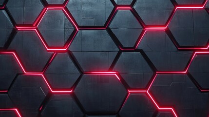 Poster - Abstract futuristic hexagonal wall with glowing red lines, showcasing a modern aesthetic for technology themes and digital design projects in varying applications.