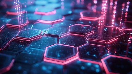 Poster - Futuristic Digital Hexagon Pattern with Neon Lights and Sparkling Effects in a Dark Environment for Technology and Sci-Fi Themes