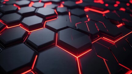 Poster - Abstract close-up of a textured hexagonal surface with glowing red lines creating dynamic patterns, emphasizing modern technology and digital design aesthetics.