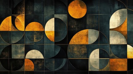 Poster - Abstract Geometric Composition Featuring Circles and Semi-Circles in Dark Tones with Touches of Gold and Cream, Suitable for Contemporary Design and Art Projects