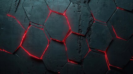 Poster - Abstract Black Hexagonal Background with Glowing Red Lines for Futuristic Design, Technology Themes, and Creative Digital Media Projects