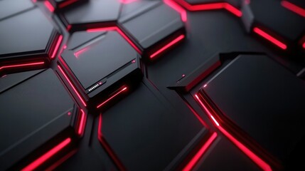 Poster - Futuristic Black and Red Hexagonal Pattern with Neon Lights for Abstract Background or Technology Design Elements