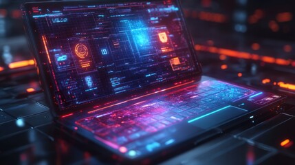 A futuristic laptop with a glowing screen displaying digital information and a futuristic design.