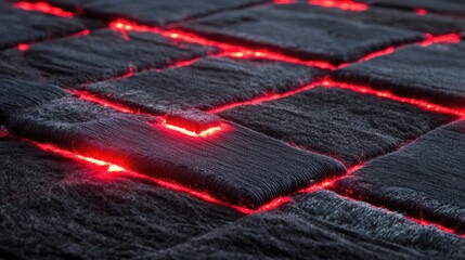 Poster - Abstract close-up of textured black surface with glowing red lines, highlighting intricate patterns and modern design aesthetics, perfect for creative projects and backgrounds.