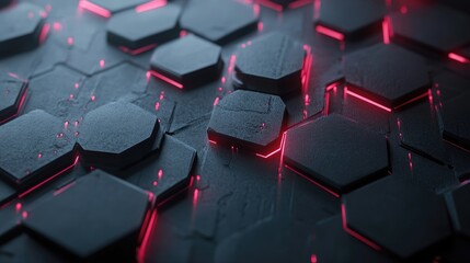 Poster - Abstract futuristic hexagonal pattern with glowing neon edges, highlighting a sleek and modern texture ideal for technology-themed designs or backgrounds.