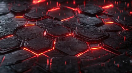 Poster - Futuristic Hexagonal Tiles with Glowing Red Lines Reflecting Rain in a Dark Environment, Ideal for Modern Technology or Sci-Fi Themes