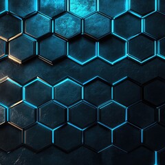 Fototapete - Futuristic Hexagonal Pattern with Neon Blue Glow on Dark Metallic Background for Modern Design and Technology Themes