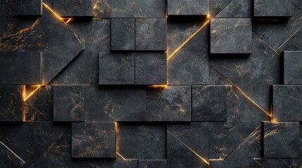 Poster - Abstract background featuring dark stone tiles with glowing golden lines creating a modern geometric pattern, perfect for technology or design themes.