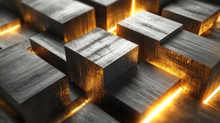 Poster - Abstract visualization of metallic blocks illuminated with warm golden light, representing modern design, technology, and digital art aesthetics, ideal for backgrounds and textures.