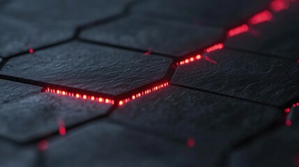 Poster - Abstract dark hexagon surface illuminated with glowing red lights, creating a futuristic and digital atmosphere ideal for technology or science-themed projects