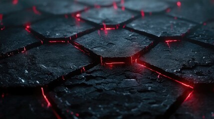 Poster - Dark Hexagonal Stone Surface with Glowing Red Crevices, Abstract Texture for Backgrounds, Patterns, and Digital Art Projects