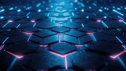 Poster - Futuristic Abstract Texture with Neon Lights Illuminating Hexagonal Patterns on a Dark Surface Creating a High-Tech Cyberpunk Aesthetic
