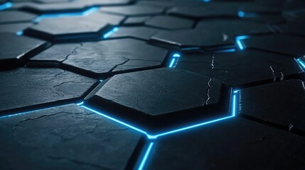 Poster - Futuristic Hexagonal Pattern with Glowing Blue Lines on Dark Textured Surface, Ideal for Digital Backgrounds, Technology Themes, and Abstract Designs