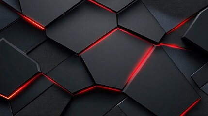 Poster - Abstract Geometric Background with Black Polyhedral Shapes and Neon Red Highlights, Ideal for Digital Design, Technology, and Modern Aesthetic Projects