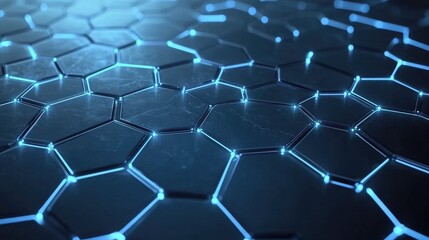Poster - Abstract Hexagonal Pattern with Glowing Blue Lines on a Dark Surface for Technology and Futuristic Themes in Digital Design and Background Use
