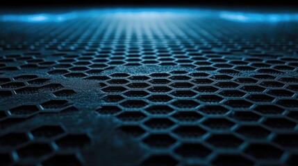 Poster - Intricate Close-Up of a Dark Honeycomb Pattern with Soft Ambient Glow, Perfect for Backgrounds in Technology, Science, and Industrial Themes