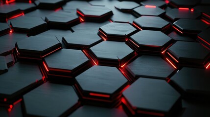 Poster - Dark Hexagonal Tiles with Futuristic Red Glow in a Modern Abstract Design, Perfect for Technology, Gaming, or Sci-Fi Background in Digital Art Creations
